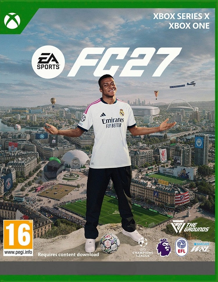 Front cover artwork for EA Sports FC 27 video game for Xbox Series X and Xbox One, featuring a man in a Real Madrid jersey standing on a soccer ball over a cityscape, with the Xbox logo and PEGI 16 rating visible.