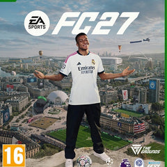 Front cover artwork for EA Sports FC 27 video game for Xbox Series X and Xbox One, featuring a man in a Real Madrid jersey standing on a soccer ball over a cityscape, with the Xbox logo and PEGI 16 rating visible.