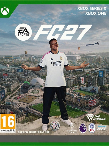 Front cover artwork for EA Sports FC 27 video game for Xbox Series X and Xbox One, featuring a man in a Real Madrid jersey standing on a soccer ball over a cityscape, with the Xbox logo and PEGI 16 rating visible.