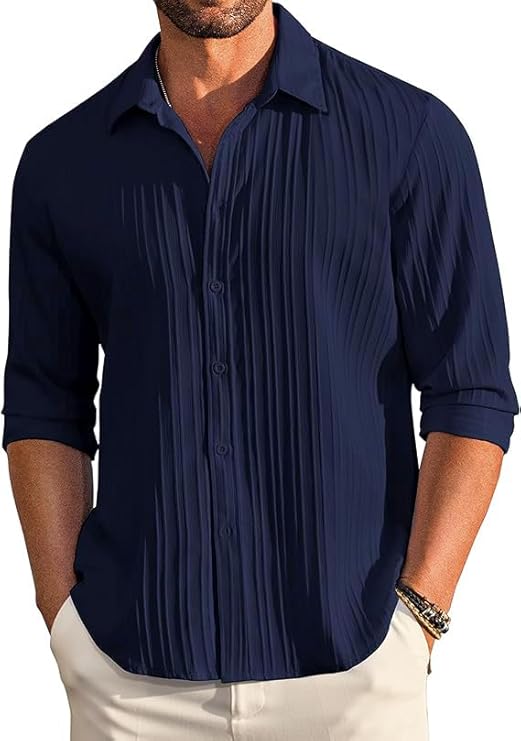 Men's Casual Button Down Shirts Long Sleeve Linen Shirt Fashion Textured Beach Summer Shirts
