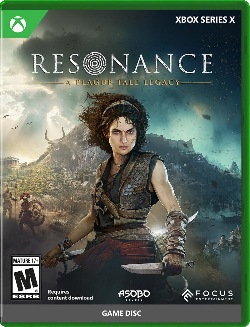 Front cover of the Xbox Series X game Resonance: A Plague Tale Legacy, showing a fantasy scene with a woman holding swords, the Xbox logo, Xbox Series X text, ESRB M rating, Asobo Games, and Focus Entertainment branding.