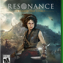 Front cover of the Xbox Series X game Resonance: A Plague Tale Legacy, showing a fantasy scene with a woman holding swords, the Xbox logo, Xbox Series X text, ESRB M rating, Asobo Games, and Focus Entertainment branding.