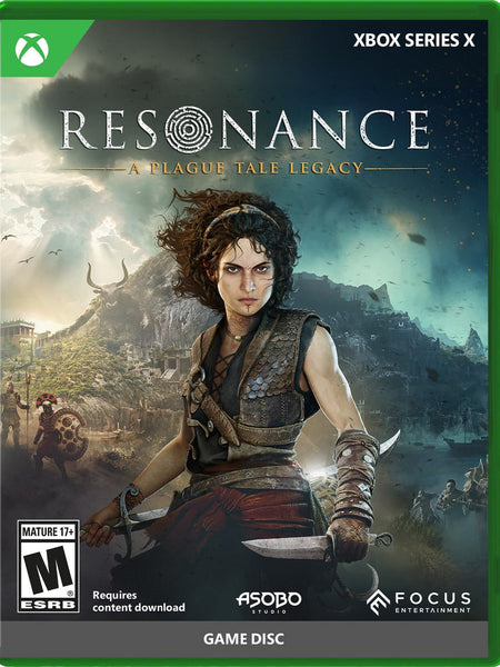 Front cover of the Xbox Series X game Resonance: A Plague Tale Legacy, showing a fantasy scene with a woman holding swords, the Xbox logo, Xbox Series X text, ESRB M rating, Asobo Games, and Focus Entertainment branding.