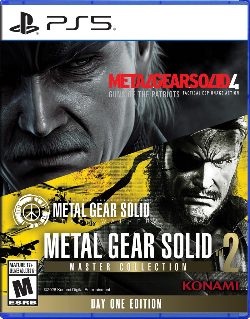 Front cover of the PS5 Metal Gear Solid 4: Guns of the Patriots Master Collection Day One Edition game case, featuring large character portraits, the PS5 logo, and Konami branding.