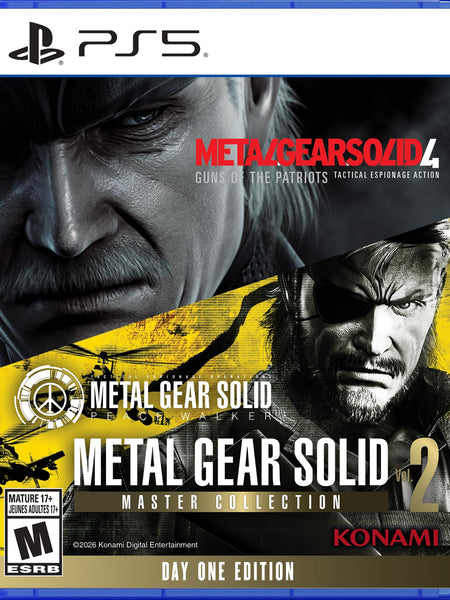 Front cover of the PS5 Metal Gear Solid 4: Guns of the Patriots Master Collection Day One Edition game case, featuring large character portraits, the PS5 logo, and Konami branding.