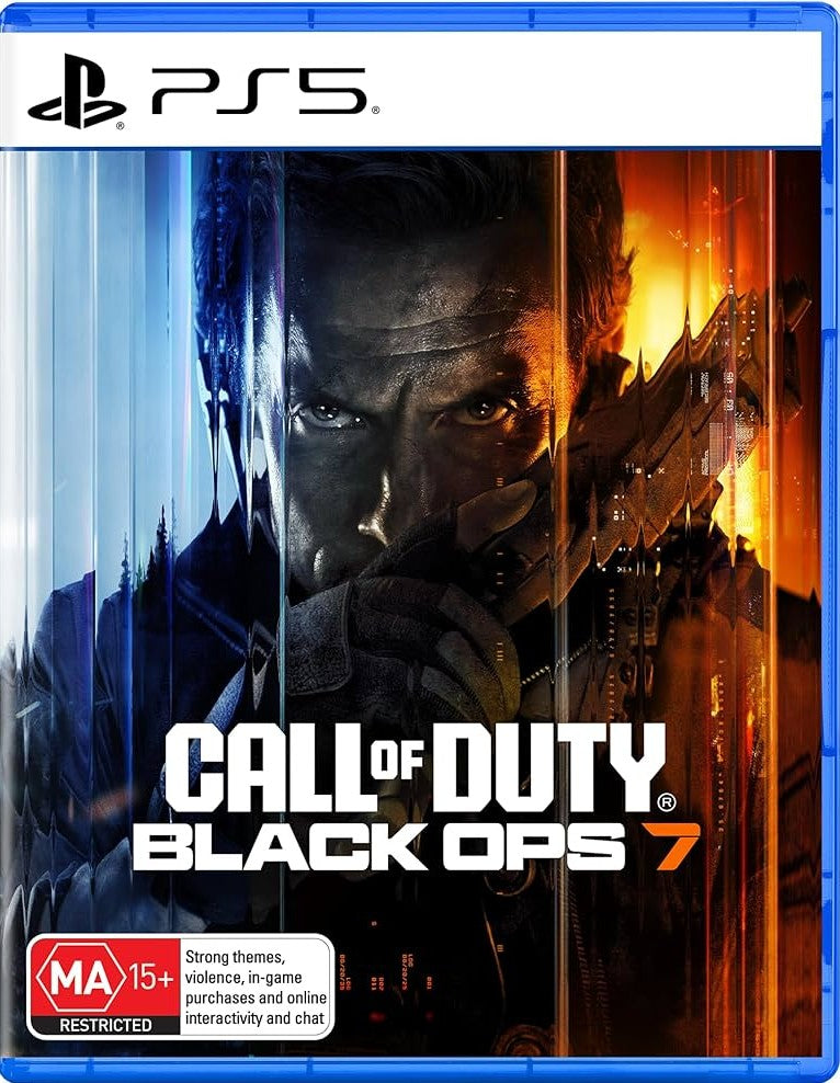 Call of Duty: Black Ops 7 video game cover for PlayStation 5, featuring a split blue and orange design with a close-up of a soldier's face and the PS5 logo at the top.