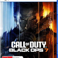 Call of Duty: Black Ops 7 video game cover for PlayStation 5, featuring a split blue and orange design with a close-up of a soldier's face and the PS5 logo at the top.