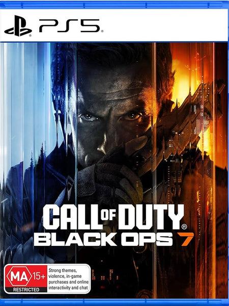 Call of Duty: Black Ops 7 video game cover for PlayStation 5, featuring a split blue and orange design with a close-up of a soldier's face and the PS5 logo at the top.