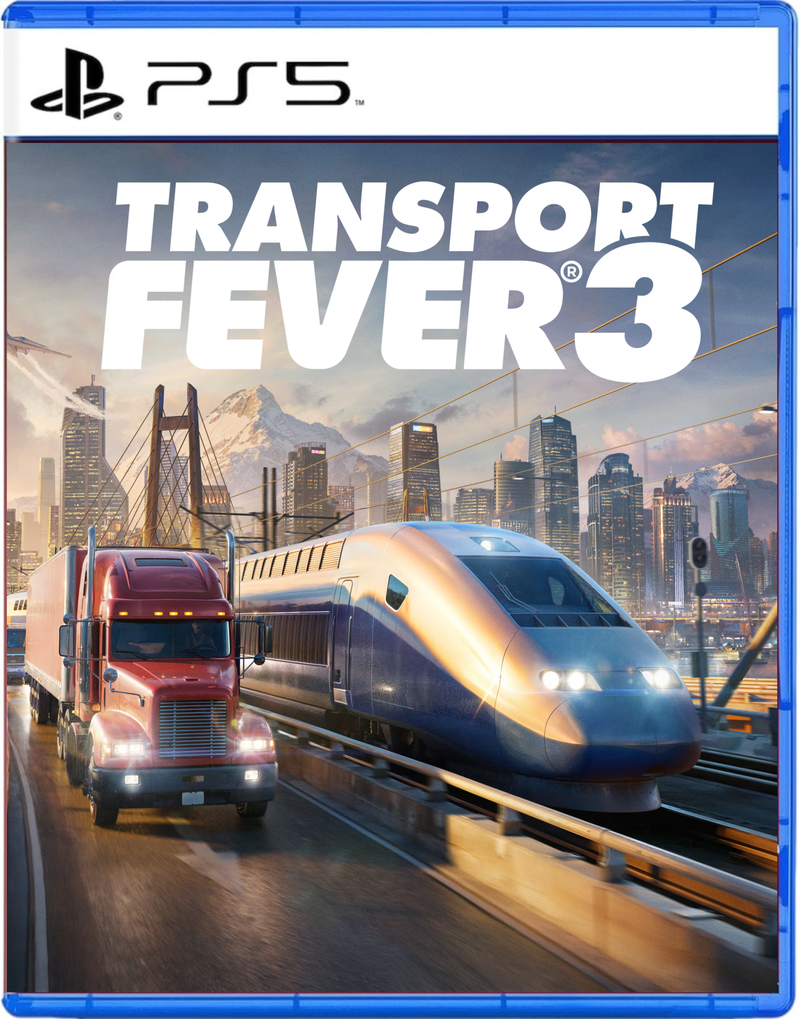 Front cover of the PlayStation 5 game Transport Fever 3, showing a blue game case with the PS5 logo at the top and the title in large white text over a city scene featuring a train and a semi-truck.