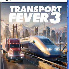 Front cover of the PlayStation 5 game Transport Fever 3, showing a blue game case with the PS5 logo at the top and the title in large white text over a city scene featuring a train and a semi-truck.