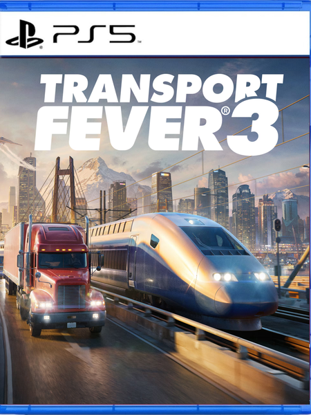 Front cover of the PlayStation 5 game Transport Fever 3, showing a blue game case with the PS5 logo at the top and the title in large white text over a city scene featuring a train and a semi-truck.