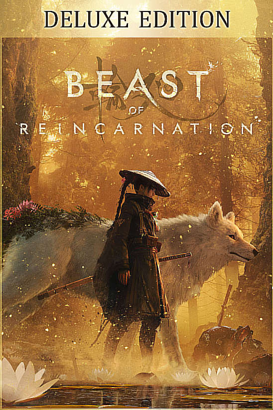 Front cover art for the video game 'Beast of Reincarnation Deluxe Edition', featuring a dark-clad warrior standing beside a large white wolf in a golden, misty forest with lotus flowers and a glowing title at the top.