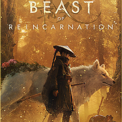 Front cover art for the video game 'Beast of Reincarnation Deluxe Edition', featuring a dark-clad warrior standing beside a large white wolf in a golden, misty forest with lotus flowers and a glowing title at the top.