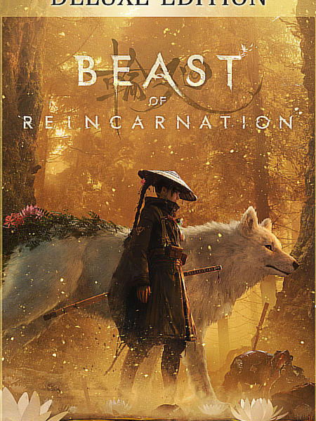 Front cover art for the video game 'Beast of Reincarnation Deluxe Edition', featuring a dark-clad warrior standing beside a large white wolf in a golden, misty forest with lotus flowers and a glowing title at the top.
