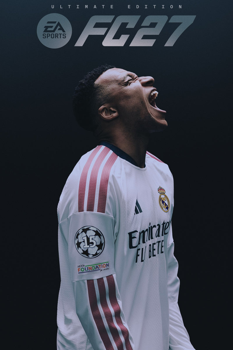 A football player in a white Real Madrid jersey with red stripes and FC Barcelona patches, captured mid-celebration against a dark background with EA Sports FC 27 Ultimate Edition branding at the top.