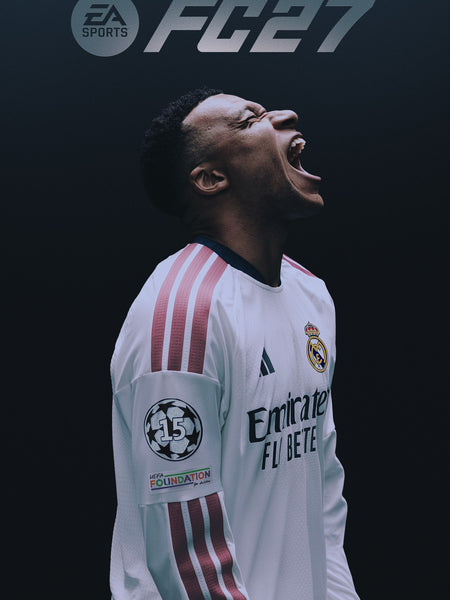 A football player in a white Real Madrid jersey with red stripes and FC Barcelona patches, captured mid-celebration against a dark background with EA Sports FC 27 Ultimate Edition branding at the top.