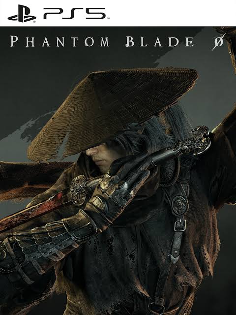 Promotional artwork for PlayStation 5's Phantom Blade 0 video game, featuring a hooded archer in dark clothing and a wide conical hat holding a bow, with the PS5 and Phantom Blade 0 title text at the top.