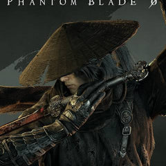 Promotional artwork for PlayStation 5's Phantom Blade 0 video game, featuring a hooded archer in dark clothing and a wide conical hat holding a bow, with the PS5 and Phantom Blade 0 title text at the top.