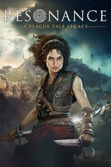 Resonance: A Plague Tale Legacy video game cover art featuring a female warrior holding two swords in the foreground, with a dark, battle-scarred landscape and other figures in the background under a stormy sky. The title 'RESONANCE' is displayed prominently at the top.
