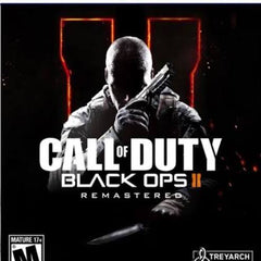 Call of Duty: Black Ops II Remastered video game cover for PlayStation 5, featuring a dark tactical soldier holding a gun with glowing red graphic elements behind him. The PS5 logo appears at the top, with Mature 17+ rating and Treyarch/Activision logos at the bottom.