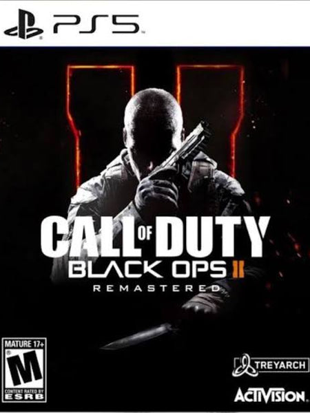 Call of Duty: Black Ops II Remastered video game cover for PlayStation 5, featuring a dark tactical soldier holding a gun with glowing red graphic elements behind him. The PS5 logo appears at the top, with Mature 17+ rating and Treyarch/Activision logos at the bottom.