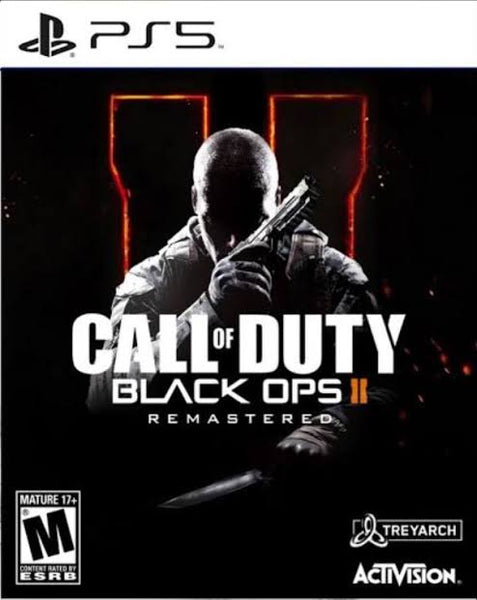Call of Duty: Black Ops II Remastered video game cover for PlayStation 5, featuring a dark tactical soldier holding a gun with glowing red graphic elements behind him. The PS5 logo appears at the top, with Mature 17+ rating and Treyarch/Activision logos at the bottom.